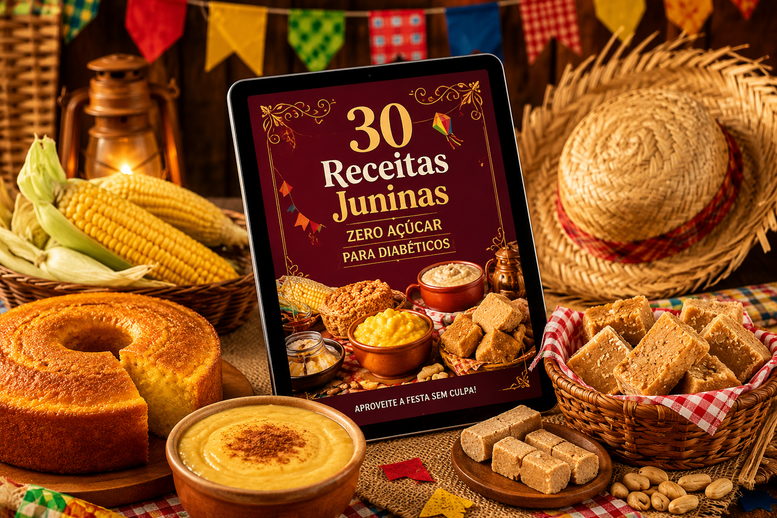 Kit 30 Receitas Juninas Zero Açúcar — bolo de milho, curau, paçoca, milho, chapéu de palha e bandeirinhas juninas